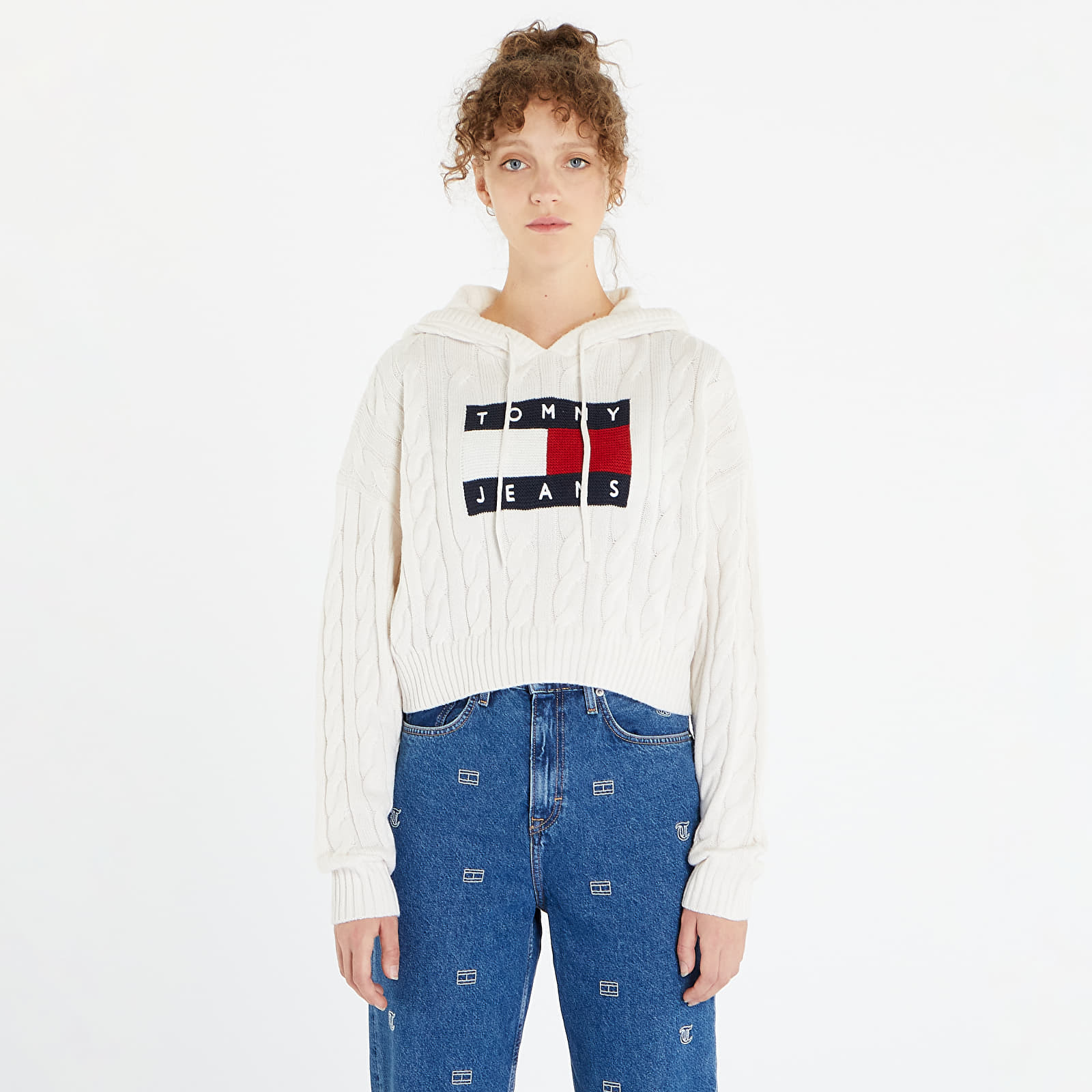 Tommy Jeans Center Flag Cable Hoodie White