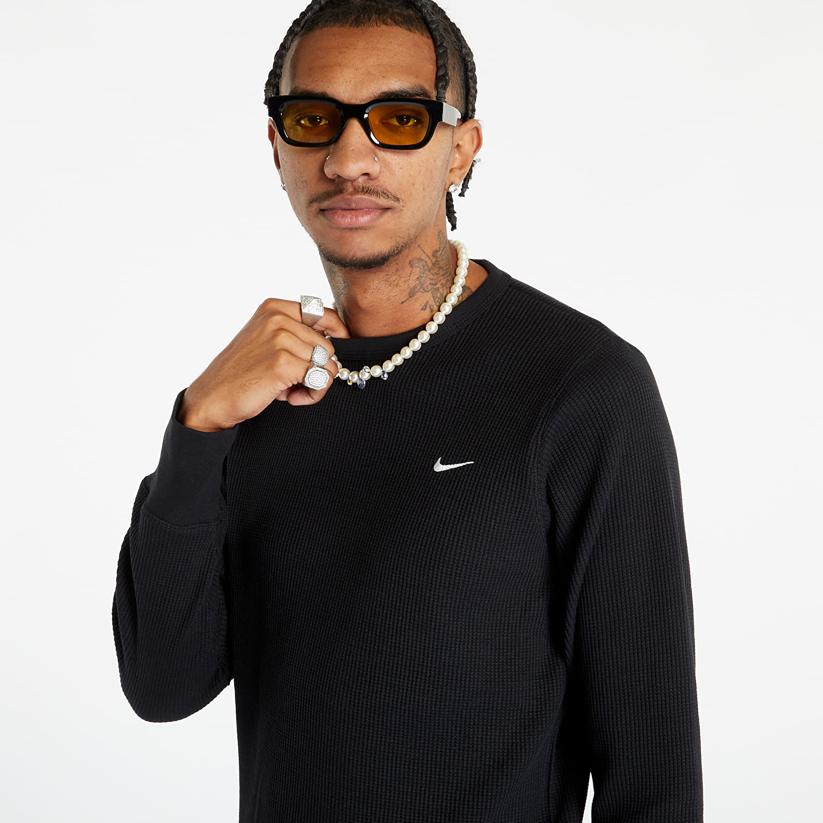 Pólók Nike Life Long-Sleeve Heavyweight Waffle Top Black/ Black/ White